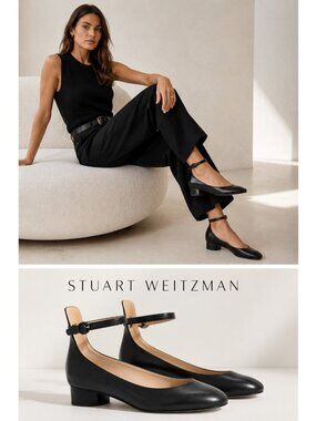 Stuart Weitzman Black Leather Ankle Strap Ballet Flats Low Heel Shoes Women 8.5M